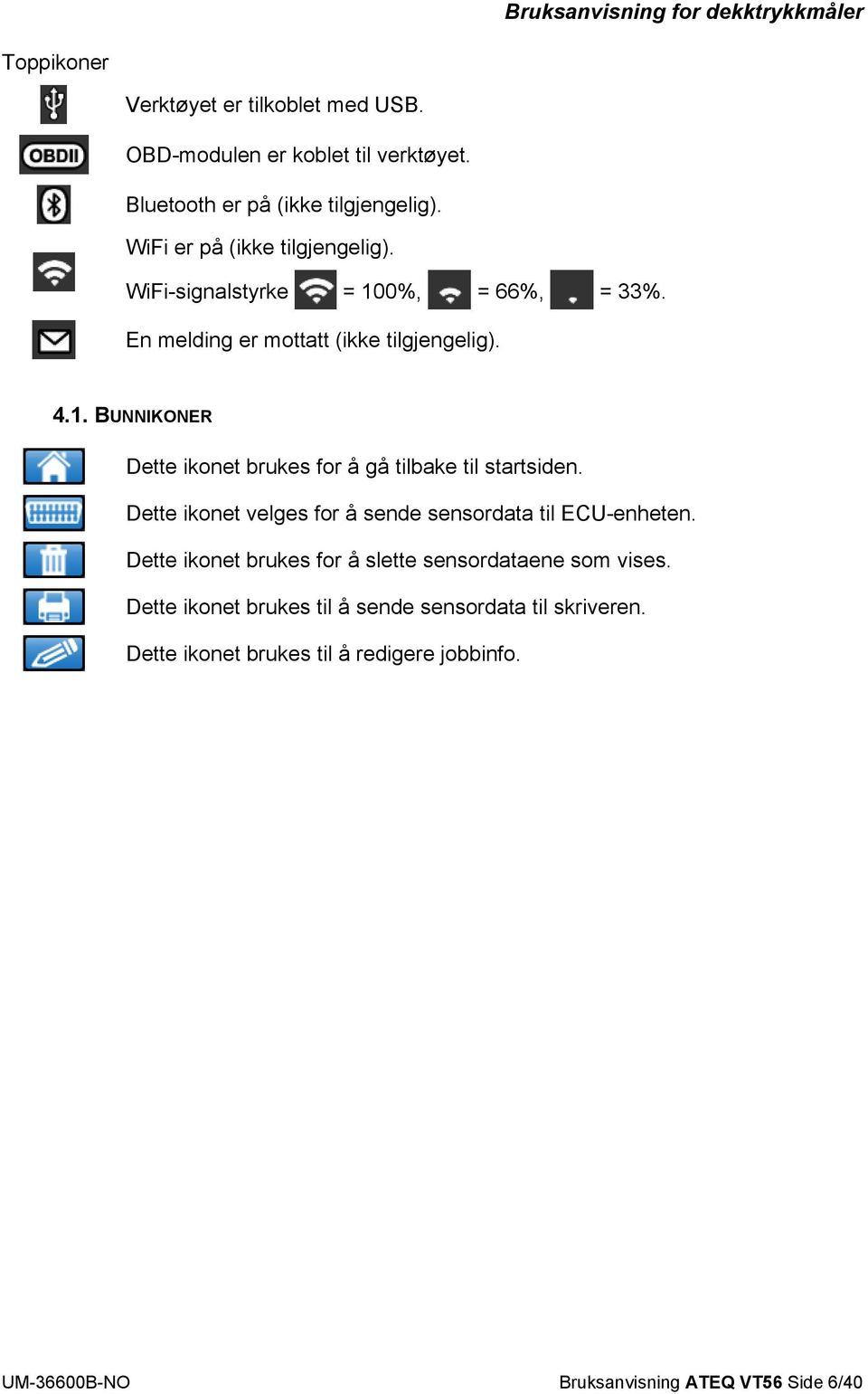 Dette ikonet velges for å sende sensordata til ECU-enheten. Dette ikonet brukes for å slette sensordataene som vises.