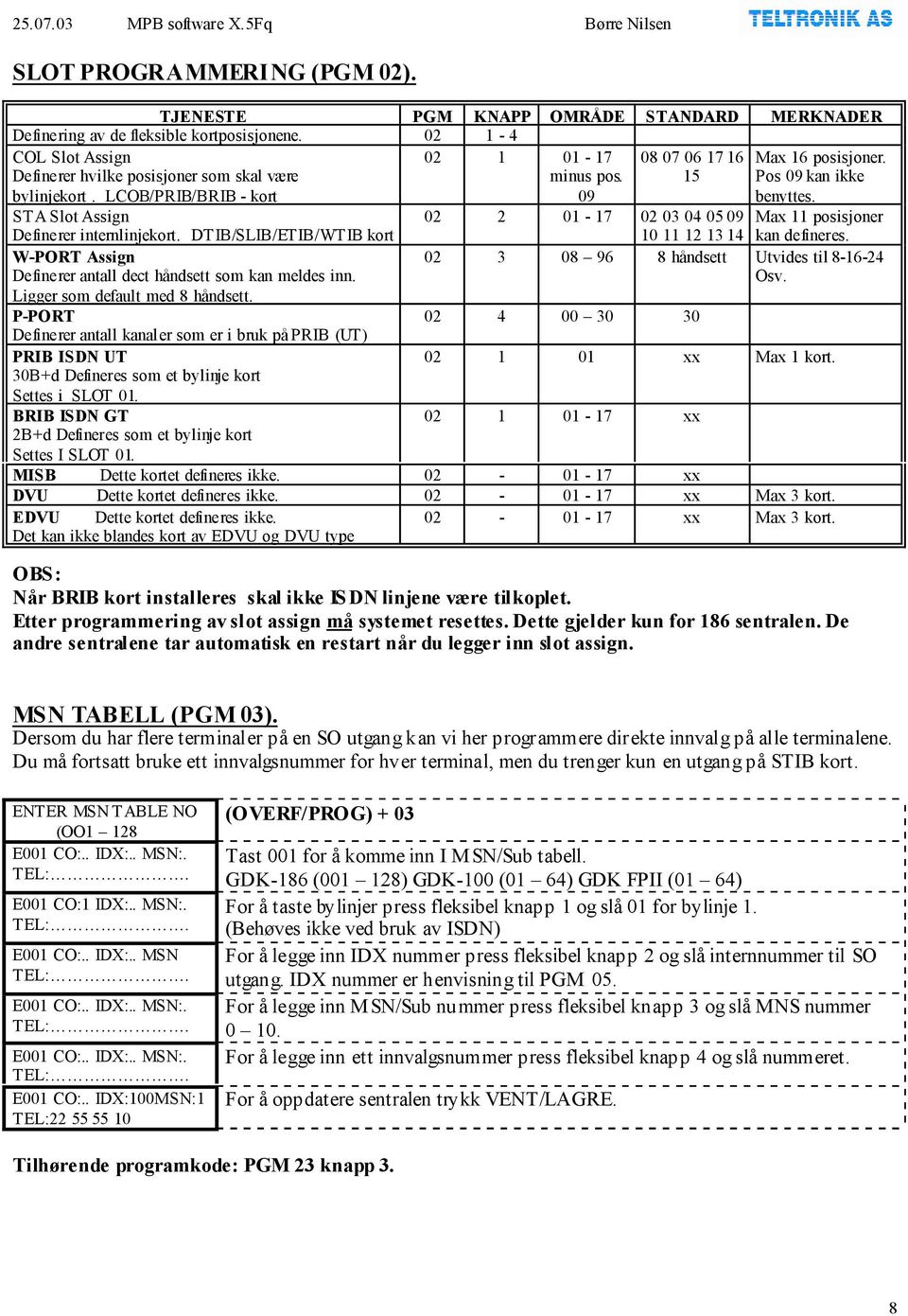 DTIB/SLIB/ETIB/WTIB kort 02 2 01-17 02 03 04 05 09 10 11 12 13 14 Max 11 posisjoner kan defineres. W-PORT Assign Definerer antall dect håndsett som kan meldes inn. Ligger som default med 8 håndsett.