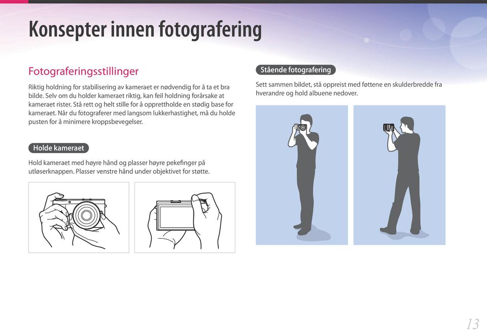 Når du fotograferer med langsom lukkerhastighet, må du holde pusten for å minimere kroppsbevegelser.