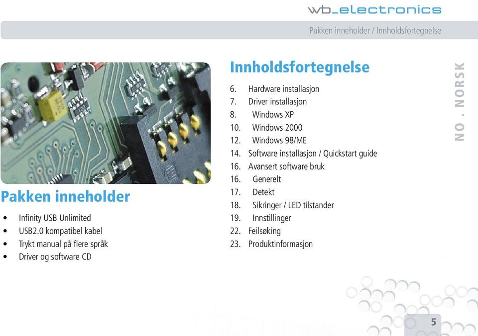 Driver installasjon 8. Windows XP 10. Windows 2000 12. Windows 98/ME 14. Software installasjon / Quickstart guide 16.