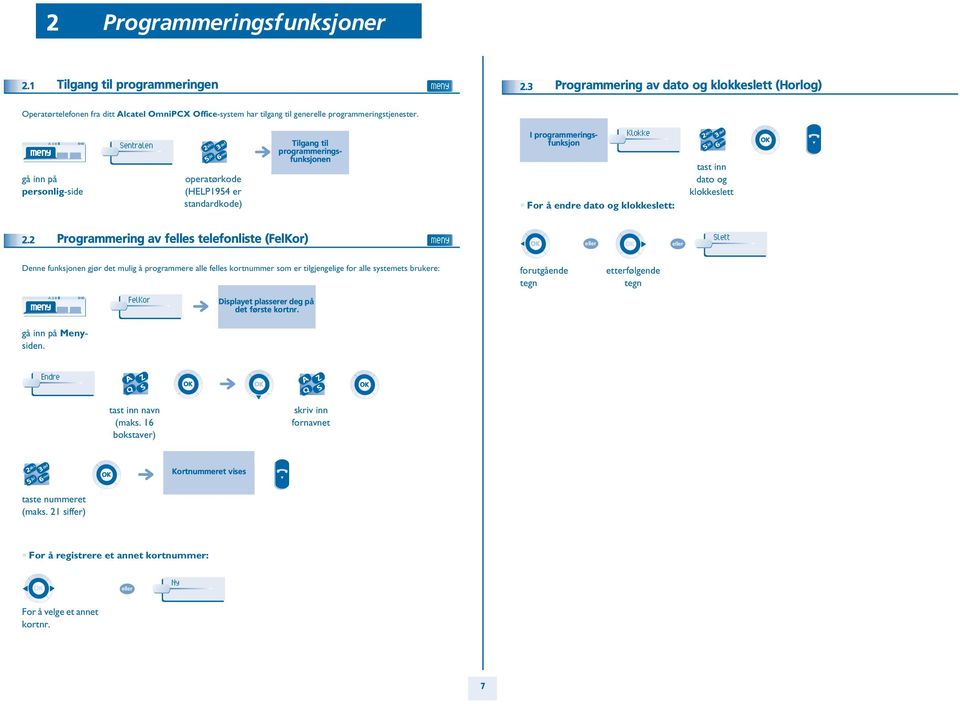 gå inn på personlig-side Sentralen operatørkode (HELP194 er standardkode) Tilgang til programmeringsfunksjonen I programmeringsfunksjon Klokke For å endre dato og klokkeslett: tast inn dato og