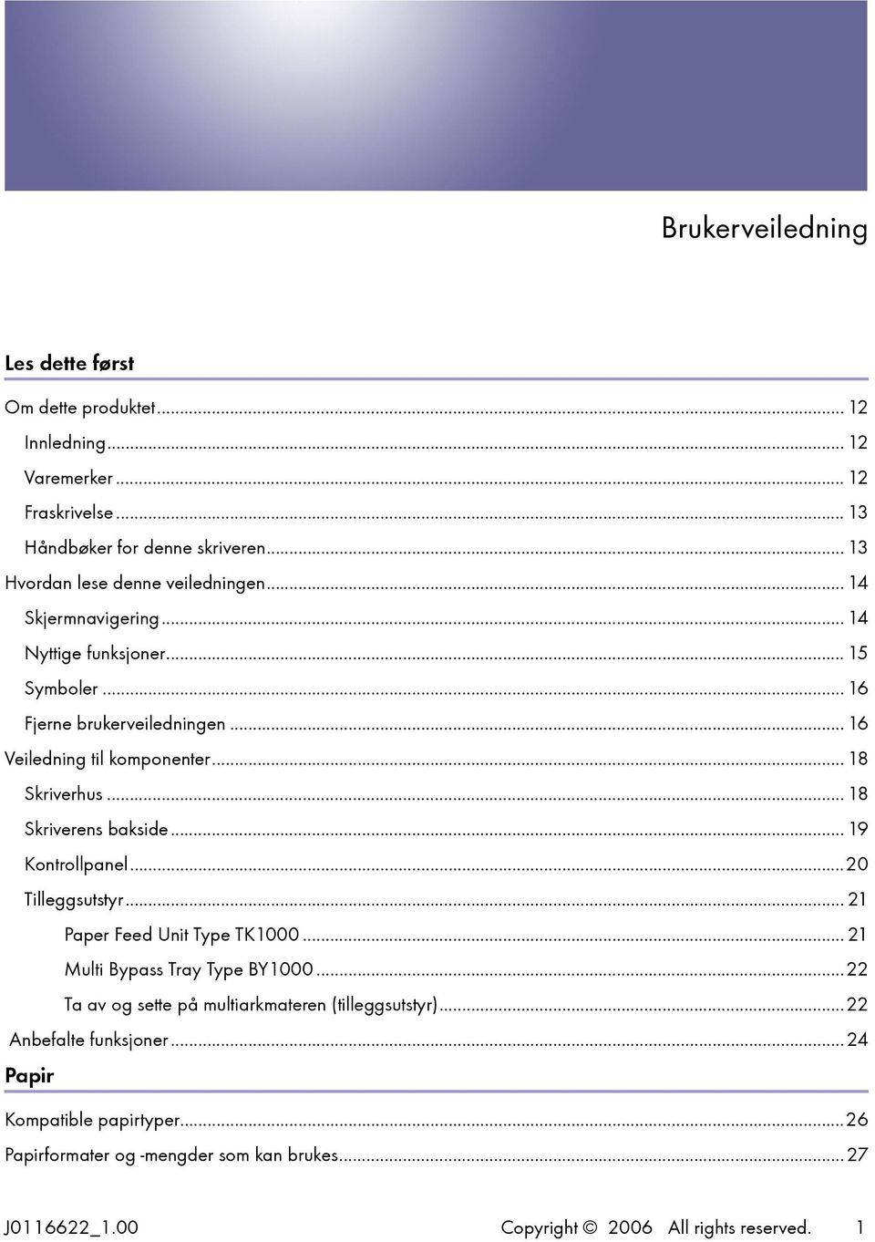 .. 18 Skriverhus... 18 Skriverens bakside... 19 Kontrollpanel...20 Tilleggsutstyr... 21 Paper Feed Unit Type TK1000... 21 Multi Bypass Tray Type BY1000.