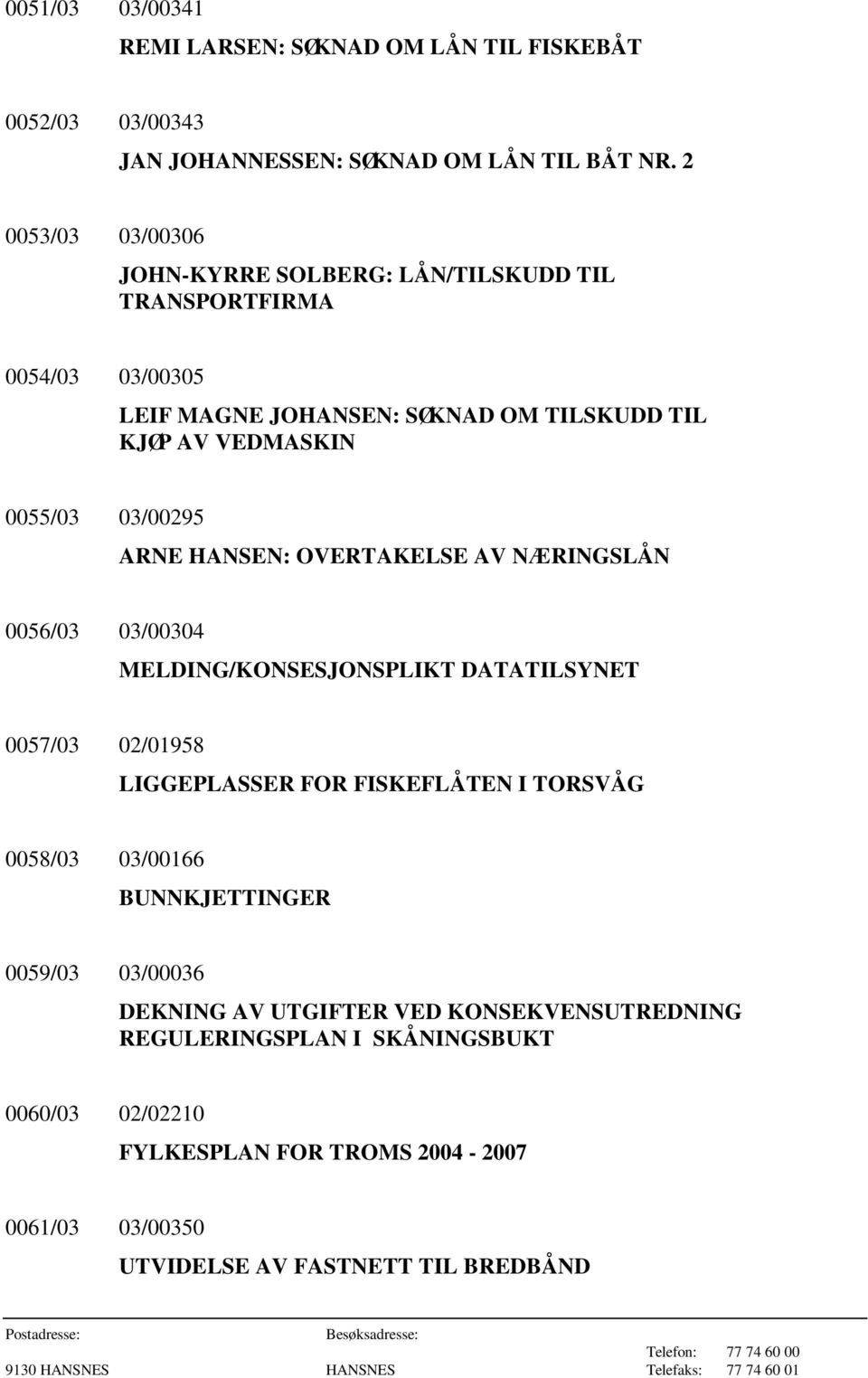 03/00295 ARNE HANSEN: OVERTAKELSE AV NÆRINGSLÅN 0056/03 03/00304 MELDING/KONSESJONSPLIKT DATATILSYNET 0057/03 02/01958 LIGGEPLASSER FOR FISKEFLÅTEN I TORSVÅG