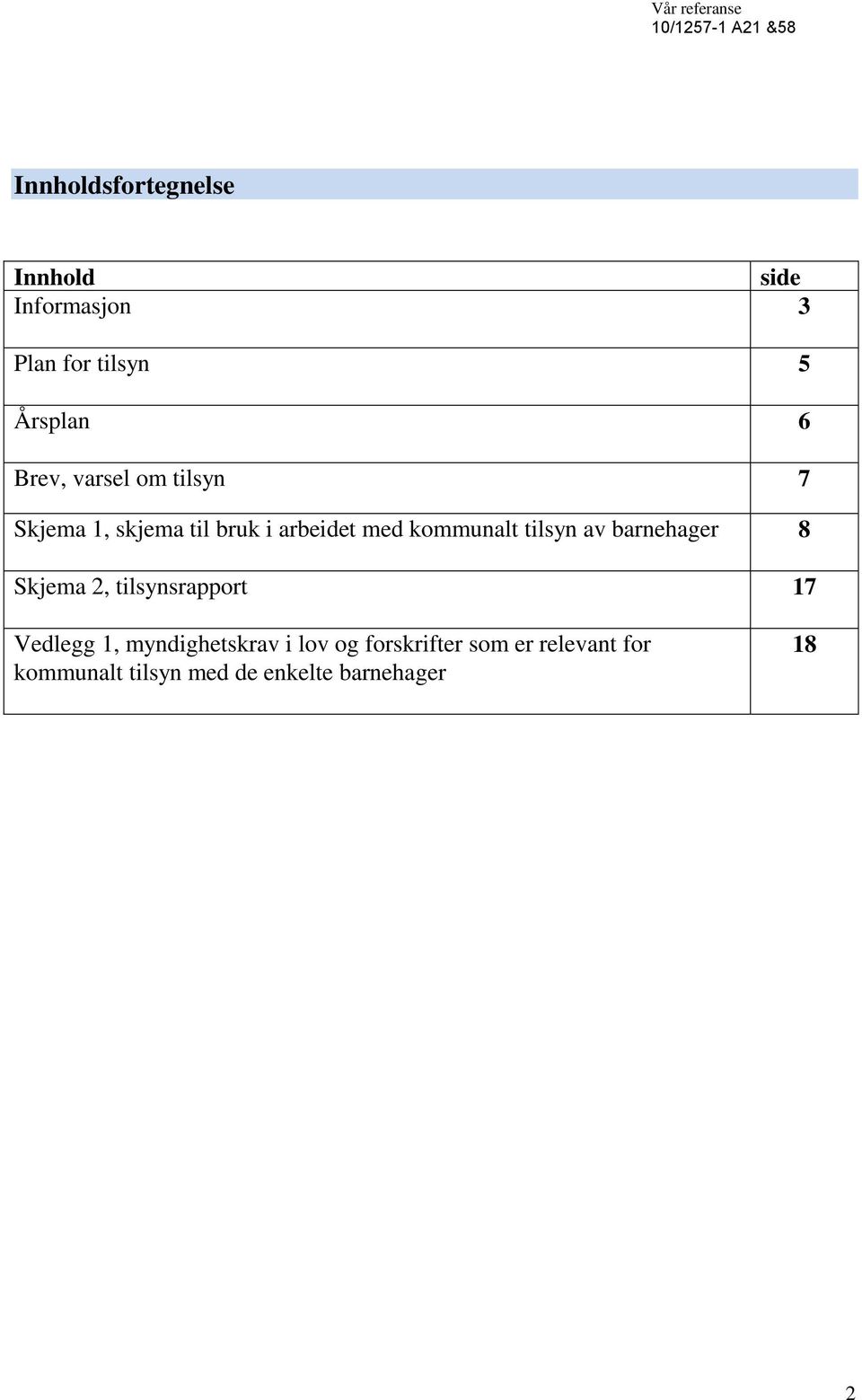 tilsyn av barnehager 8 Skjema 2, tilsynsrapport 17 Vedlegg 1, myndighetskrav i