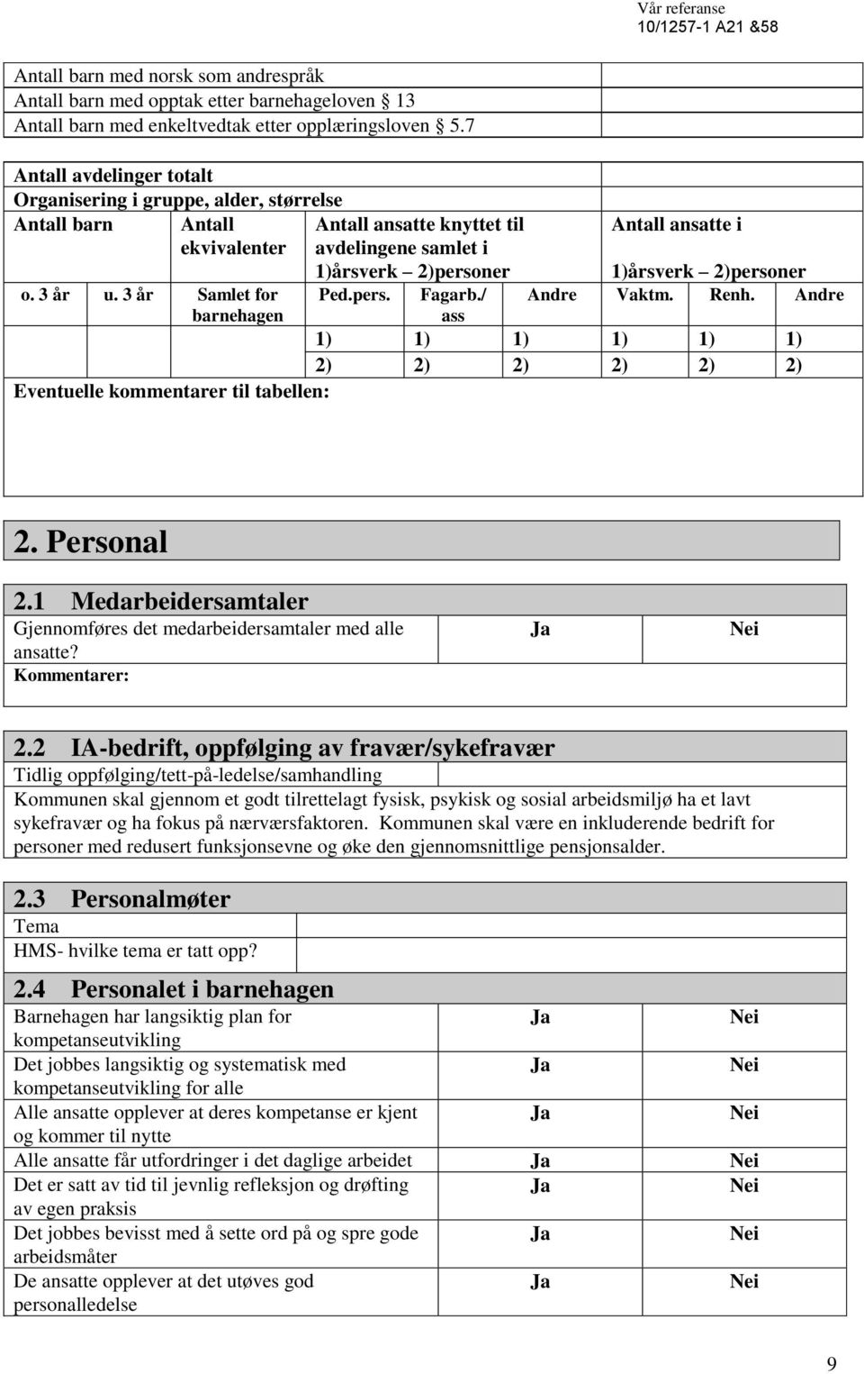 2)personer o. 3 år u. 3 år Samlet for Ped.pers. Fagarb./ Andre Vaktm. Renh. Andre barnehagen ass 1) 1) 1) 1) 1) 1) 2) 2) 2) 2) 2) 2) Eventuelle kommentarer til tabellen: 2. Personal 2.