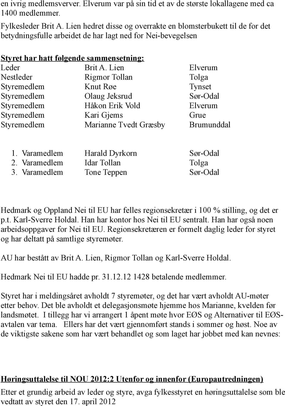 Lien Nestleder Rigmor Tollan Styremedlem Knut Røe Styremedlem Olaug Jeksrud Styremedlem Håkon Erik Vold Styremedlem Kari Gjems Styremedlem Marianne Tvedt Græsby 1. Varamedlem 2. Varamedlem 3.