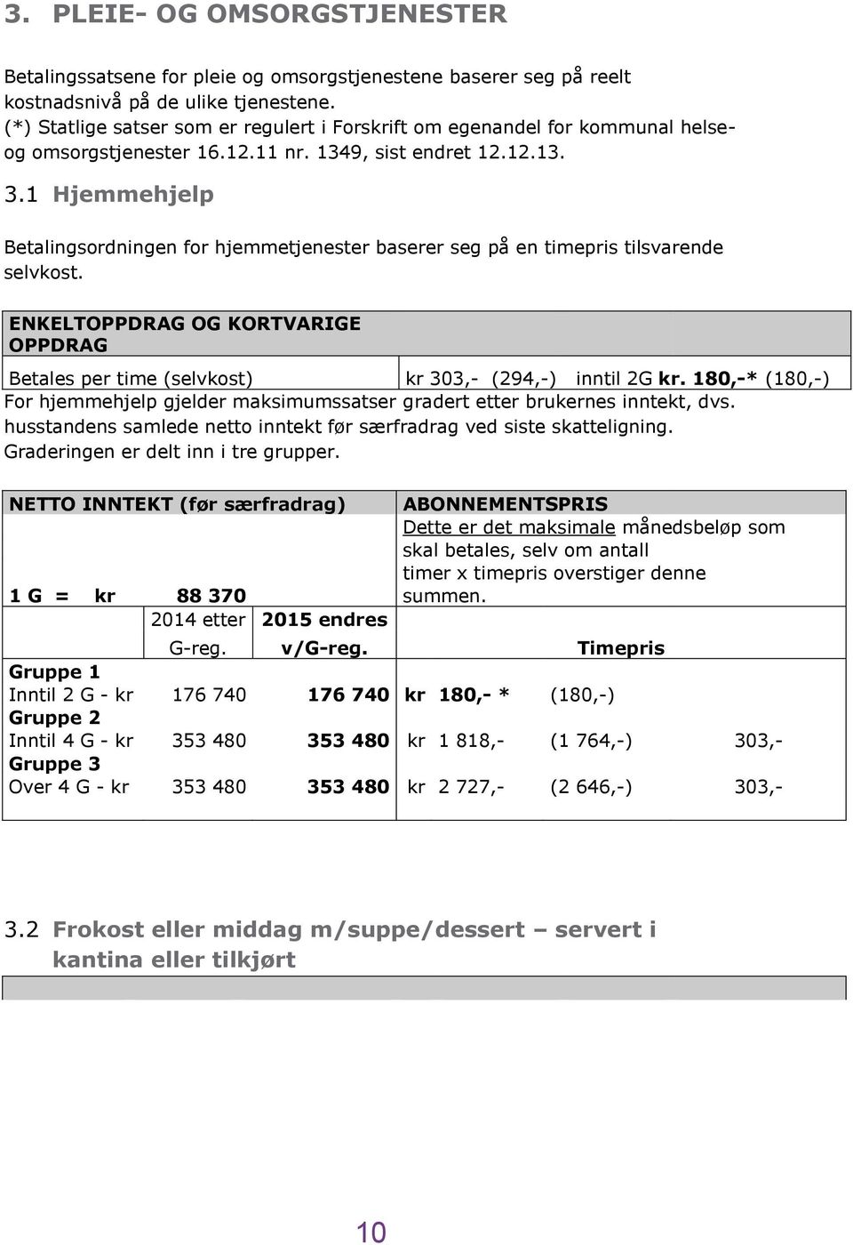 1 Hjemmehjelp Betalingsordningen for hjemmetjenester baserer seg på en timepris tilsvarende selvkost. ENKELTOPPDRAG OG KORTVARIGE OPPDRAG Betales per time (selvkost) kr 303,- (294,-) inntil 2G kr.