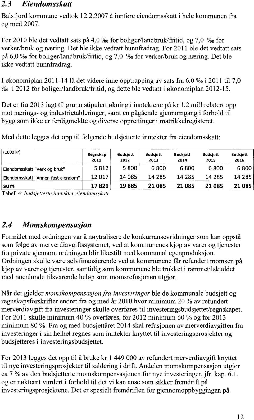 For 2011 ble det vedtatt sats på 6,0 %o for boliger/landbruk/fritid, og 7,0 /00for verker/bruk og næring. Det ble ikke vedtatt bunnfradrag.