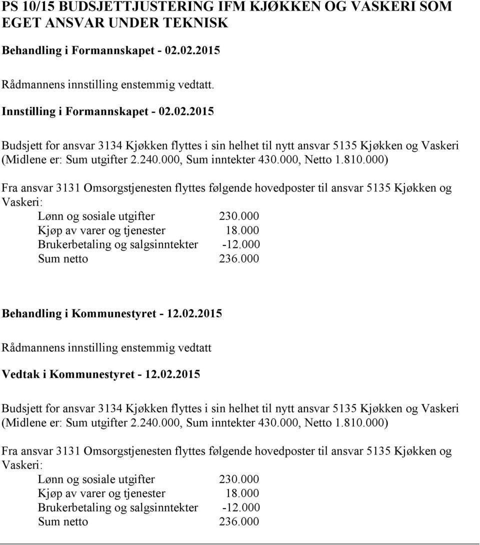 240.000, Sum inntekter 430.000, Netto 1.810.000) Fra ansvar 3131 Omsorgstjenesten flyttes følgende hovedposter til ansvar 5135 Kjøkken og Vaskeri: Lønn og sosiale utgifter 230.