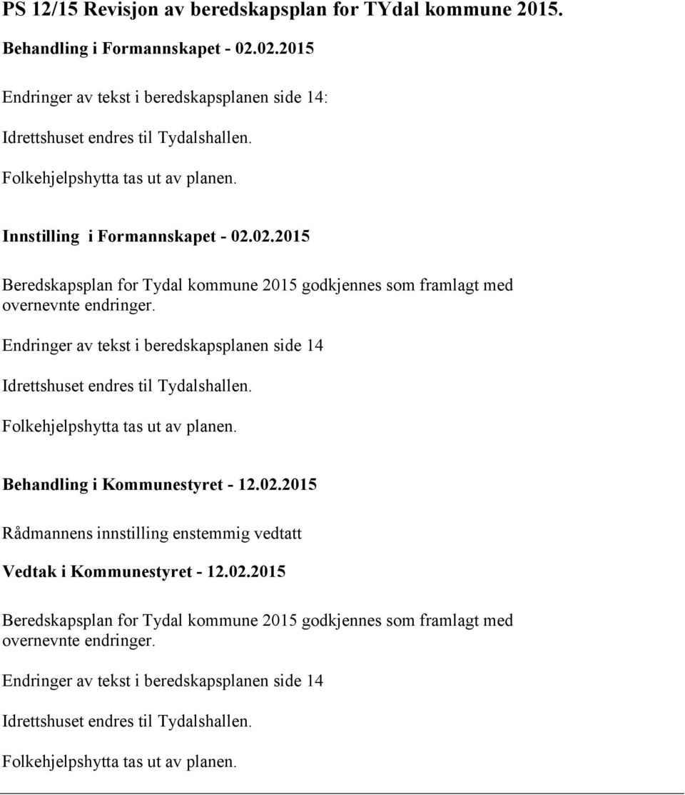 Endringer av tekst i beredskapsplanen side 14 Idrettshuset endres til Tydalshallen. Folkehjelpshytta tas ut av planen. Behandling i Kommunestyret - 12.02.