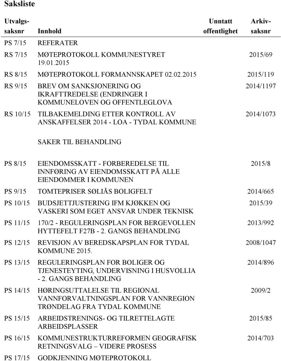 BEHANDLING 2014/1197 2014/1073 PS 8/15 EIENDOMSSKATT - FORBEREDELSE TIL INNFØRING AV EIENDOMSSKATT PÅ ALLE EIENDOMMER I KOMMUNEN 2015/8 PS 9/15 TOMTEPRISER SØLIÅS BOLIGFELT 2014/665 PS 10/15 PS 11/15