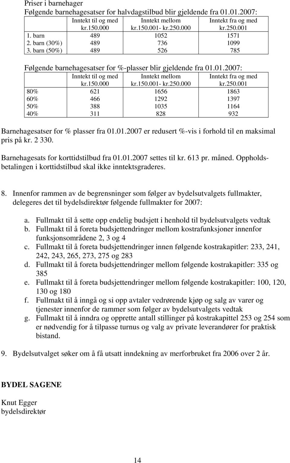 250.000 Inntekt fra og med kr.250.001 80% 60% 50% 40% 621 466 388 311 1656 1292 1035 828 1863 1397 1164 932 Barnehagesatser for % plasser fra 01.01.2007 er redusert %-vis i forhold til en maksimal pris på kr.