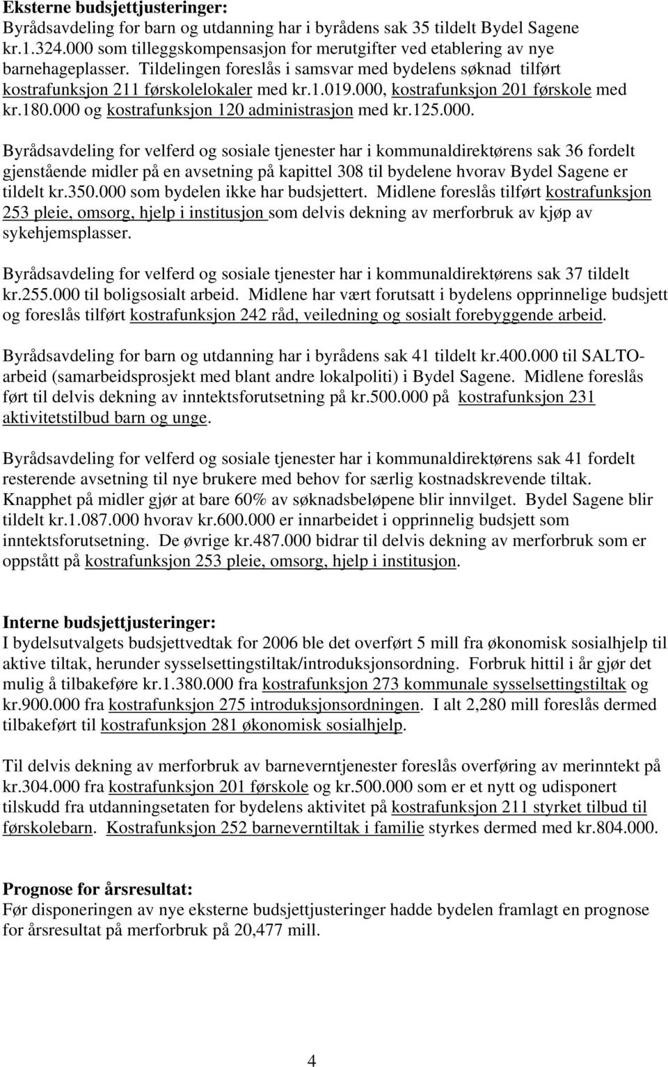 000, kostrafunksjon 201 førskole med kr.180.000 og kostrafunksjon 120 administrasjon med kr.125.000. Byrådsavdeling for velferd og sosiale tjenester har i kommunaldirektørens sak 36 fordelt gjenstående midler på en avsetning på kapittel 308 til bydelene hvorav Bydel Sagene er tildelt kr.