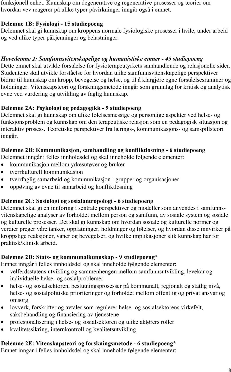 Hovedemne 2: Samfunnsvitenskapelige og humanistiske emner - 45 studiepoeng Dette emnet skal utvikle forståelse for fysioterapeutyrkets samhandlende og relasjonelle sider.