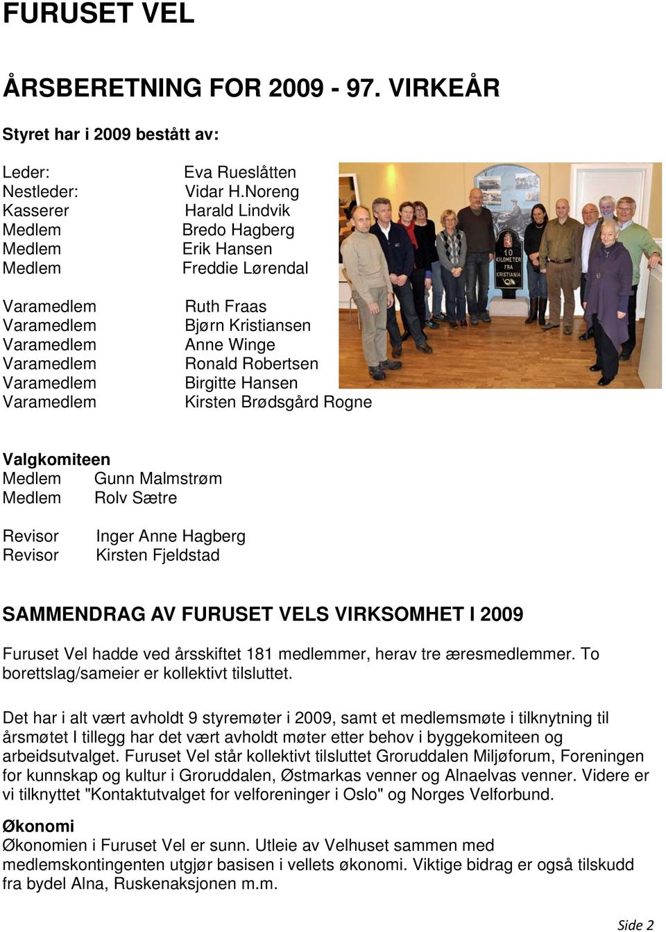 Noreng Harald Lindvik Bredo Hagberg Erik Hansen Freddie Lørendal Ruth Fraas Bjørn Kristiansen Anne Winge Ronald Robertsen Birgitte Hansen Kirsten Brødsgård Rogne Valgkomiteen Medlem Gunn Malmstrøm