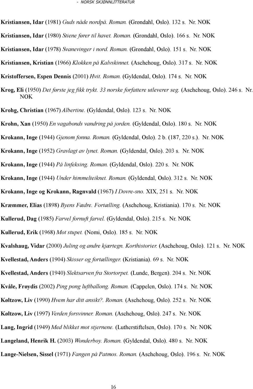 33 norske forfattere utleverer seg. (Aschehoug, Oslo). 246 s. Nr. Krohg, Christian (1967) Albertine. (Gyldendal, Oslo). 123 s. Nr. Krohn, Xan (1950) En vagabonds vandring på jorden. (Gyldendal, Oslo). 180 s.