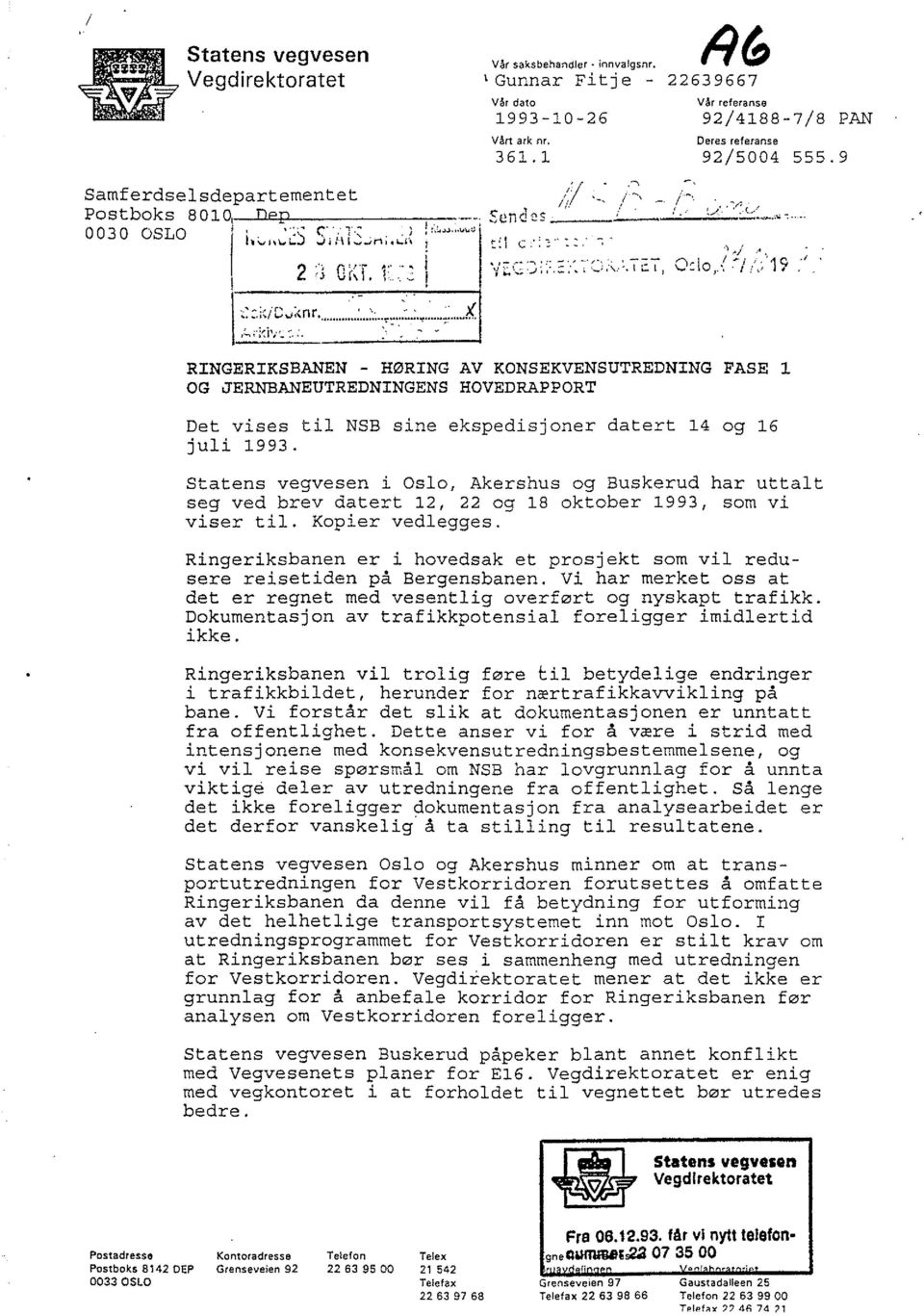 Statens vegvesen i Oslo, Akershus og Buskerud har uttalt seg ved brev datert 12, 22 og 18 oktober 1993, som vi viser til. Kopier vedlegges.