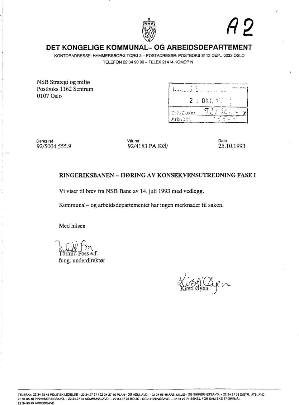 juli 1993 med vedlegg. Kommunal- og arbeidsdepartementet har ingen merknader til saken. Med hilsen l (DL) t;, T'is'rlurd ~os~ ~.f. fung.