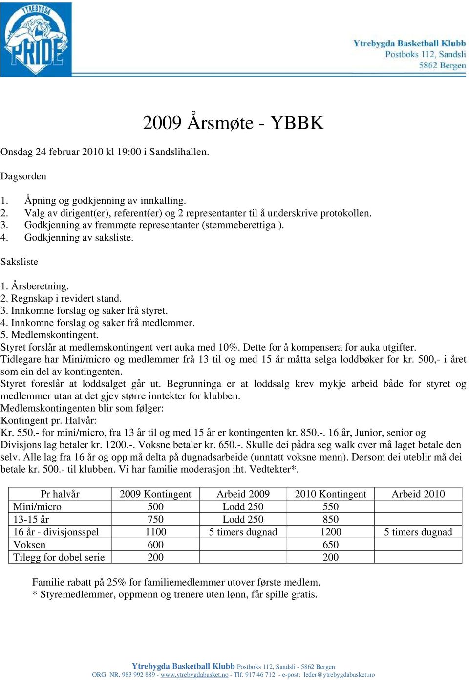 5. Medlemskontingent. Styret forslår at medlemskontingent vert auka med 10%. Dette for å kompensera for auka utgifter.