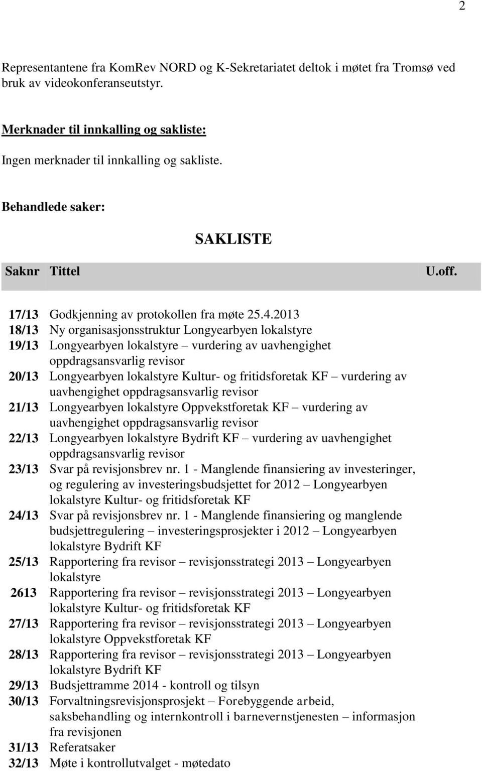 2013 18/13 Ny organisasjonsstruktur Longyearbyen lokalstyre 19/13 Longyearbyen lokalstyre vurdering av uavhengighet oppdragsansvarlig revisor 20/13 Longyearbyen lokalstyre Kultur- og fritidsforetak