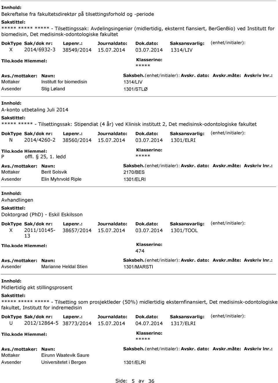 2014 1314/LV Mottaker nstitutt for biomedisin 1314/LV Stig Løland 1301/STLØ A-konto utbetaling Juli 2014 - Tilsettingssak: Stipendiat (4 år) ved Klinisk institutt 2, Det N 2014/4260-2 38560/2014 03.
