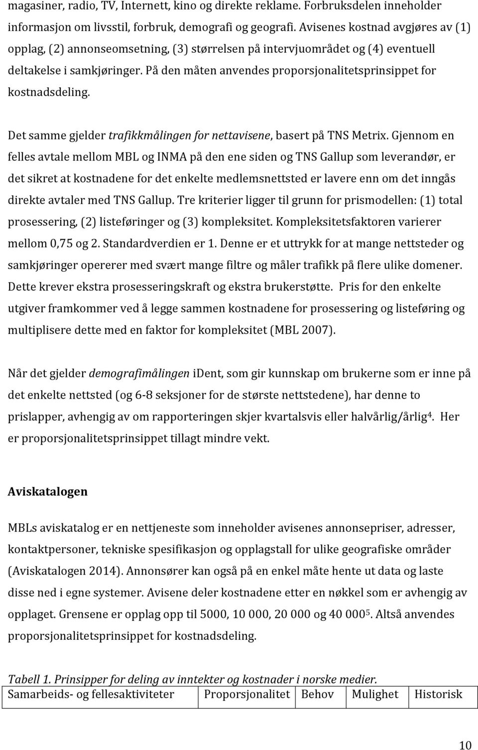 På den måten anvendes proporsjonalitetsprinsippet for kostnadsdeling. Det samme gjelder trafikkmålingen for nettavisene, basert på TNS Metrix.