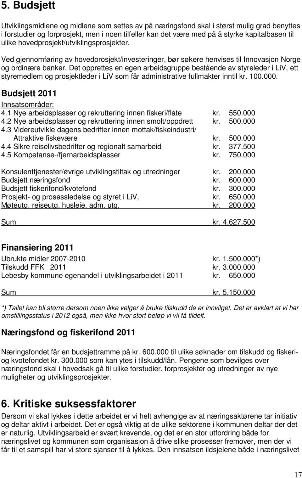 Det opprettes en egen arbeidsgruppe bestående av styreleder i LiV, ett styremedlem og prosjektleder i LiV som får administrative fullmakter inntil kr. 100.000. Budsjett 2011 Innsatsområder: 4.