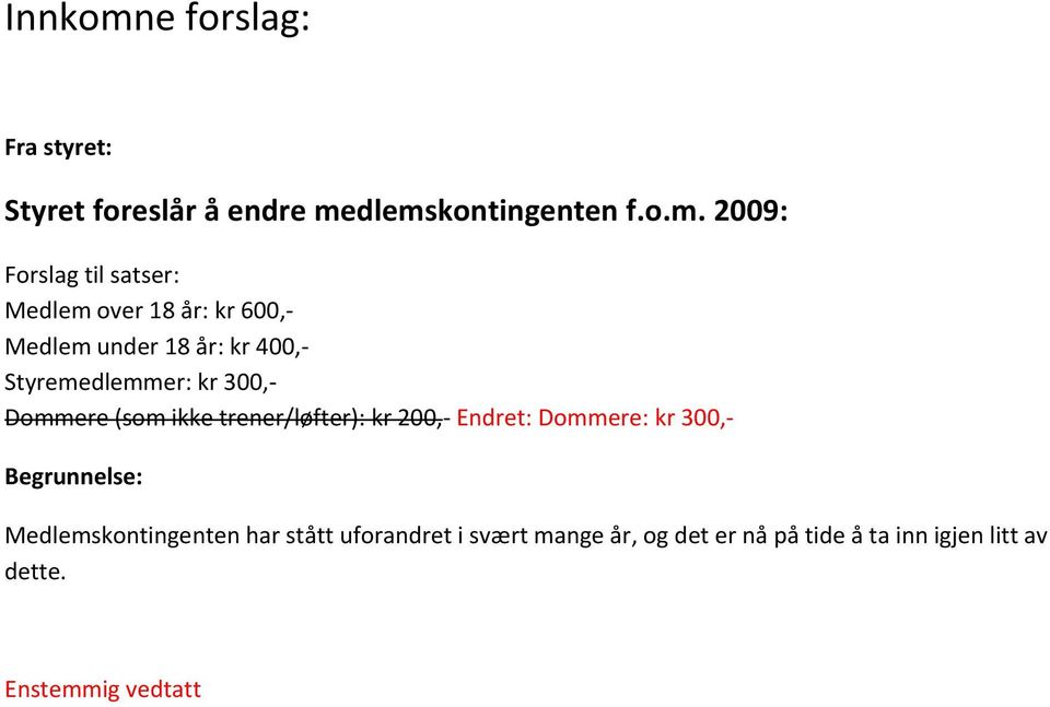 dlemskontingenten f.o.m. 2009: Forslag til satser: Medlem over 18 år: kr 600, Medlem under 18 år: