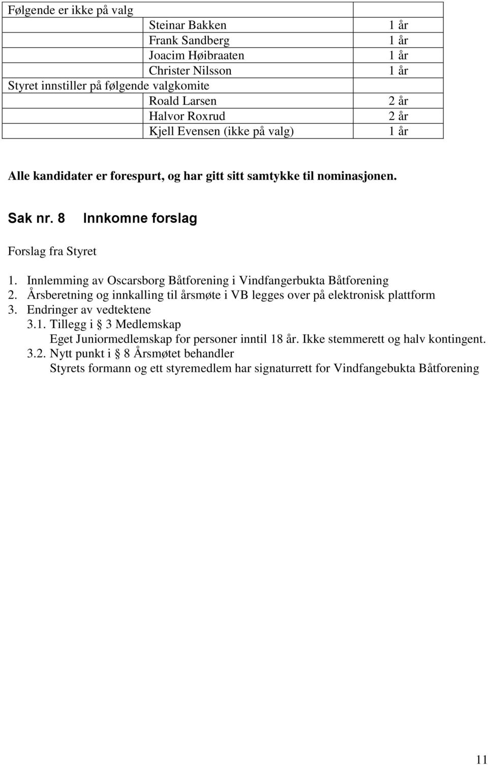 Innlemming av Oscarsborg Båtforening i Vindfangerbukta Båtforening 2. Årsberetning og innkalling til årsmøte i VB legges over på elektronisk plattform 3. Endringer av vedtektene 3.1.
