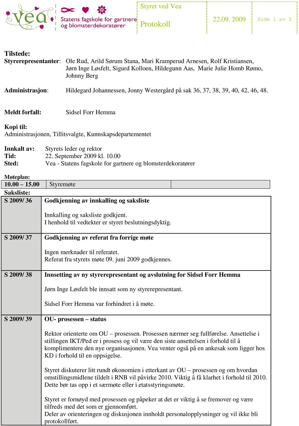 Berg Administrasjon: Hildegard Johannessen, Jonny Westergård på sak 36, 37, 38, 39, 40, 42, 46, 48.