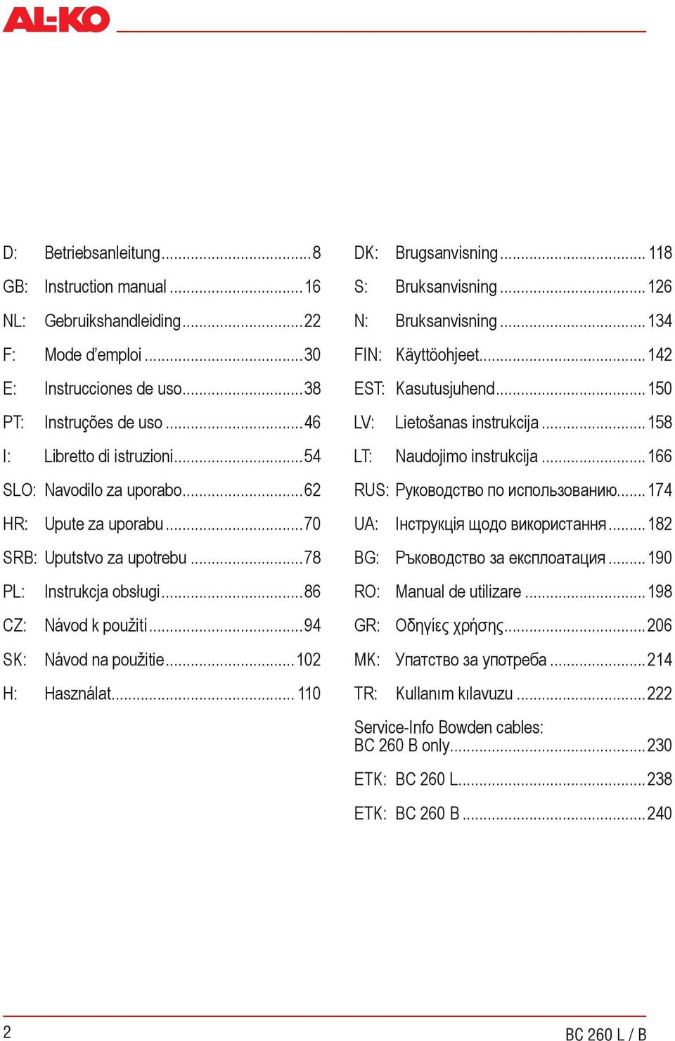 .. 110 DK: Brugsanvisning... 118 S: Bruksanvisning...126 N: Bruksanvisning...134 FIN: Käyttöohjeet...142 EST: Kasutusjuhend...150 LV: LT: Lietošanas instrukcija...158 Naudojimo instrukcija.