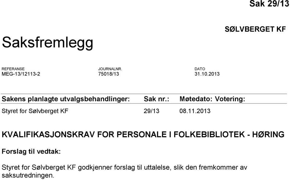 : Møtedato: Votering: Styret for Sølvberget KF 29/13 08.11.