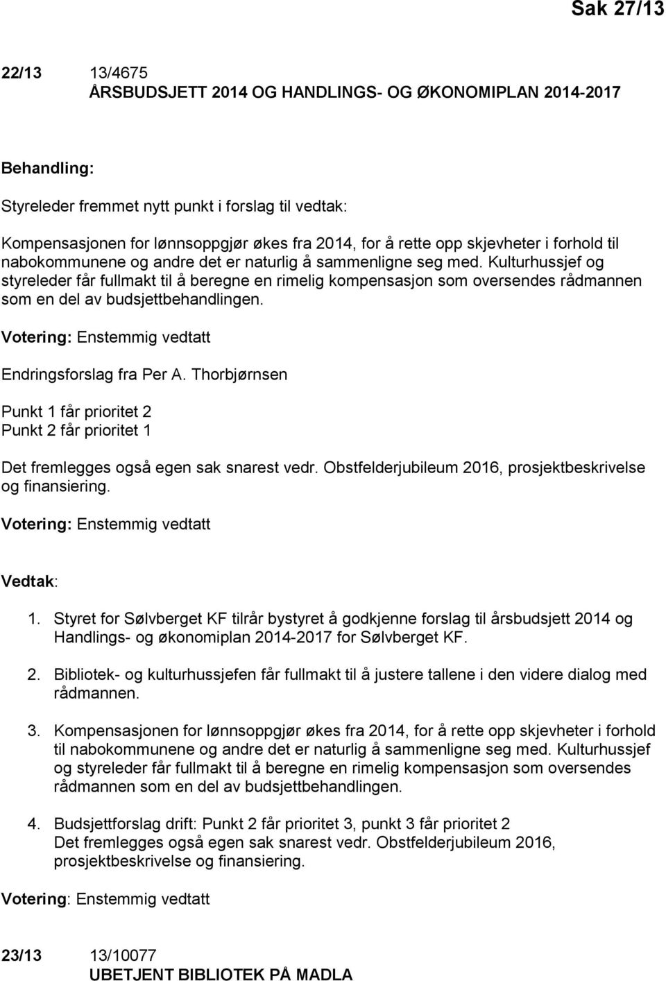 Kulturhussjef og styreleder får fullmakt til å beregne en rimelig kompensasjon som oversendes rådmannen som en del av budsjettbehandlingen. Votering: Enstemmig vedtatt Endringsforslag fra Per A.