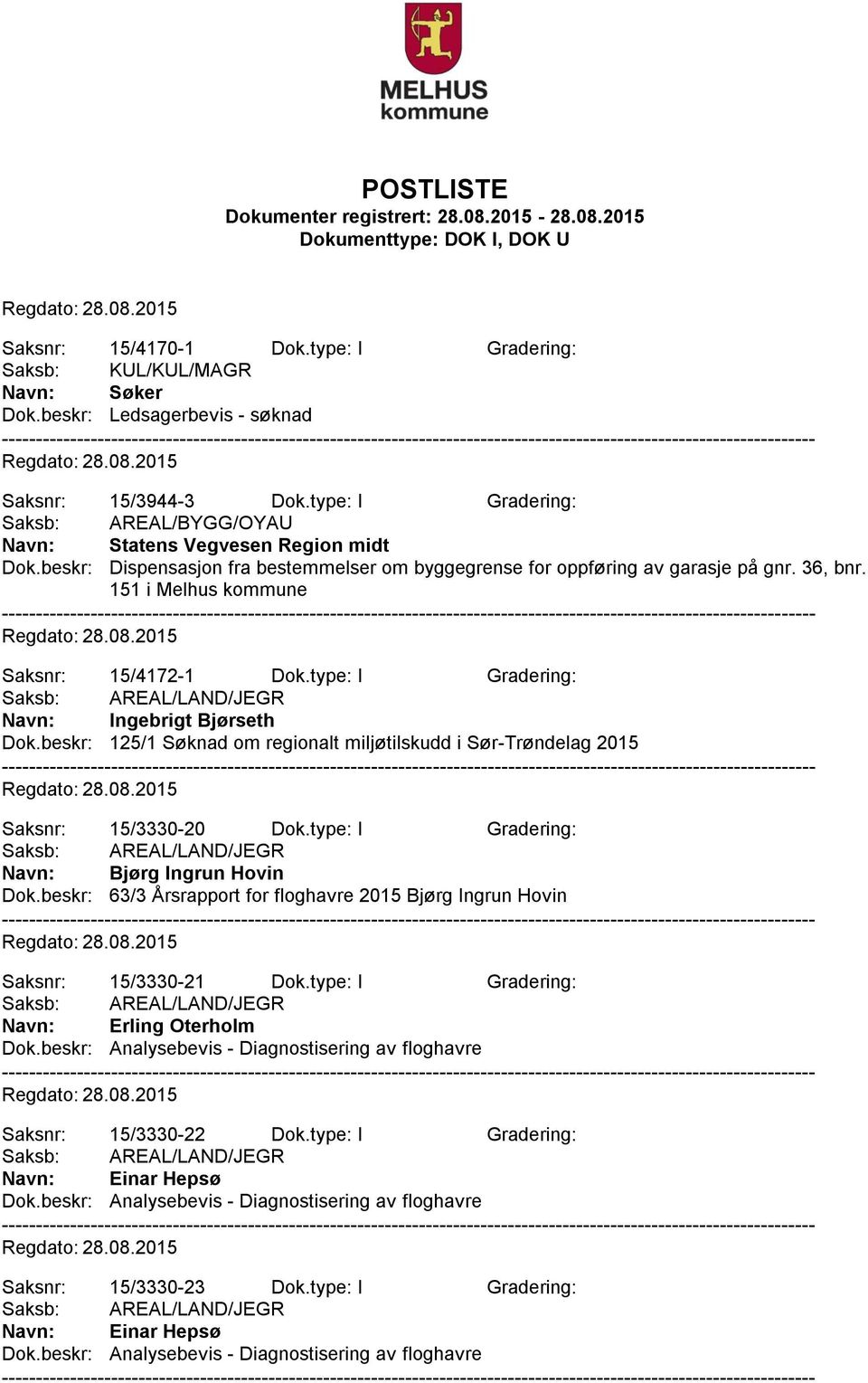 151 i Melhus kommune Saksnr: 15/4172-1 Dok.type: I Gradering: Navn: Ingebrigt Bjørseth Dok.beskr: 125/1 Søknad om regionalt miljøtilskudd i Sør-Trøndelag 2015 Saksnr: 15/3330-20 Dok.