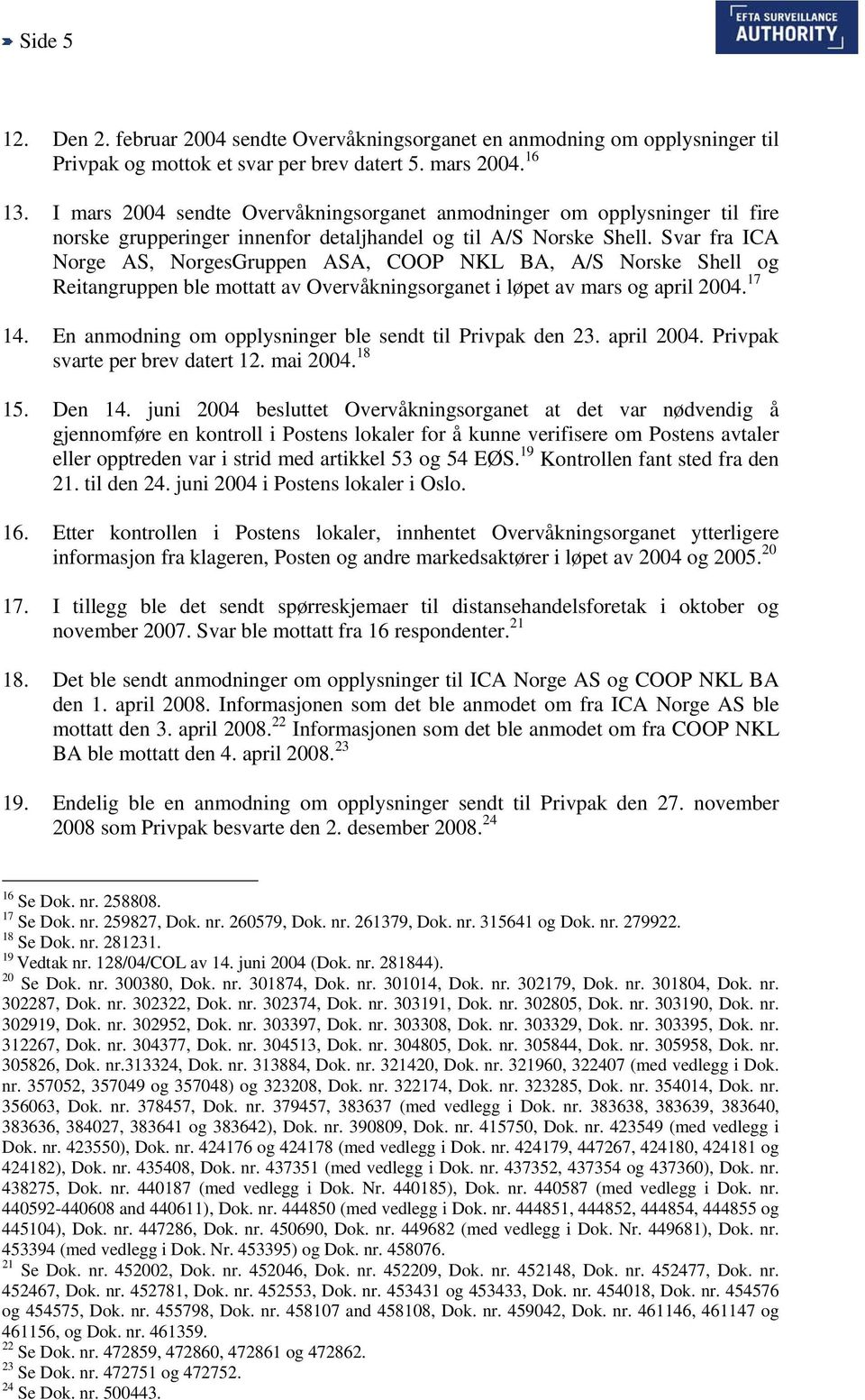 Svar fra ICA Norge AS, NorgesGruppen ASA, COOP NKL BA, A/S Norske Shell og Reitangruppen ble mottatt av Overvåkningsorganet i løpet av mars og april 2004. 17 14.