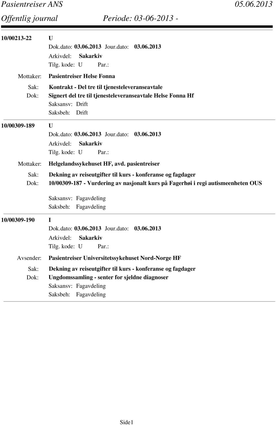 pasientreiser Dekning av reiseutgifter til kurs - konferanse og fagdager 10/00309-187 - Vurdering av nasjonalt kurs på Fagerhøi i regi