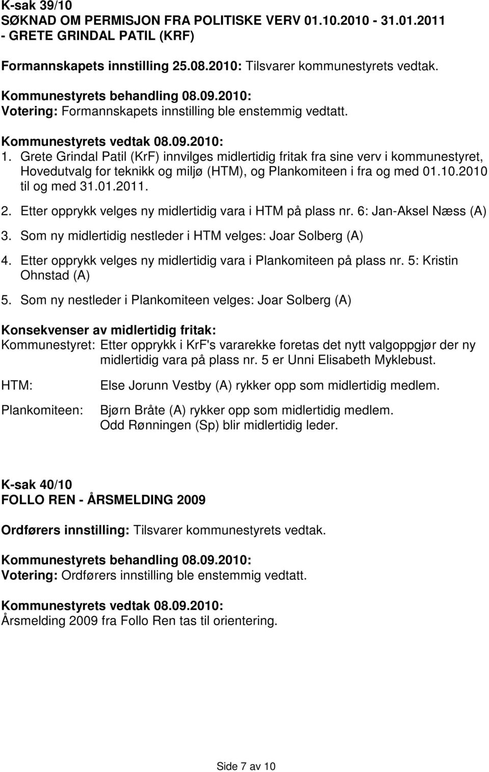 Grete Grindal Patil (KrF) innvilges midlertidig fritak fra sine verv i kommunestyret, Hovedutvalg for teknikk og miljø (HTM), og Plankomiteen i fra og med 01.10.2010 til og med 31.01.2011. 2.