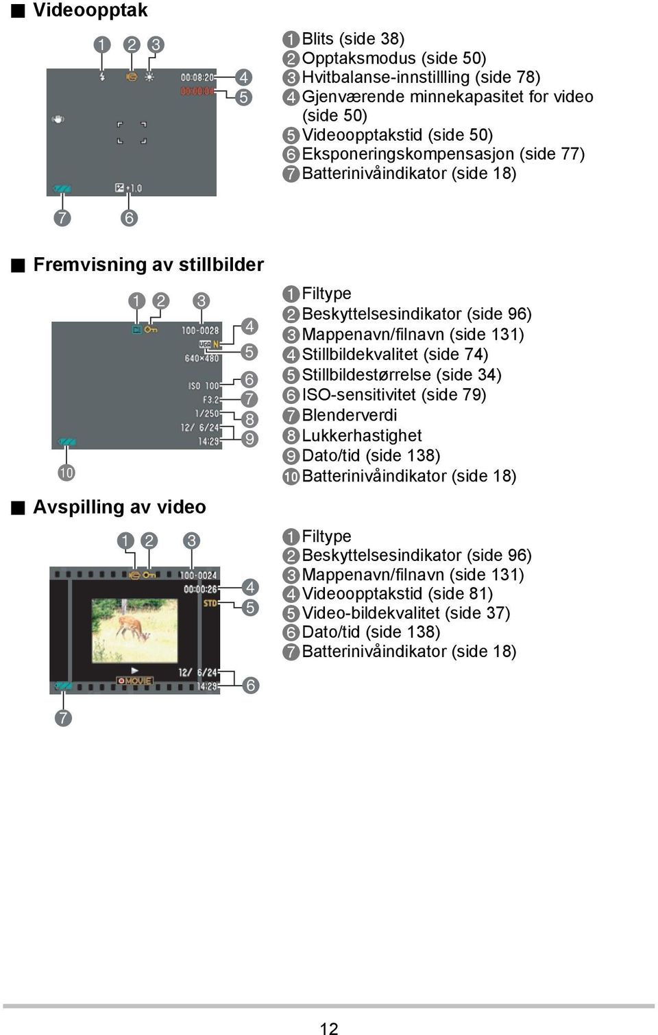 Avspilling av video 7 12 3 4 5 6 7 8 9 4 5 6 1Filtype 2Beskyttelsesindikator (side 96) 3Mappenavn/filnavn (side 131) 4Stillbildekvalitet (side 74) 5Stillbildestørrelse (side 34)