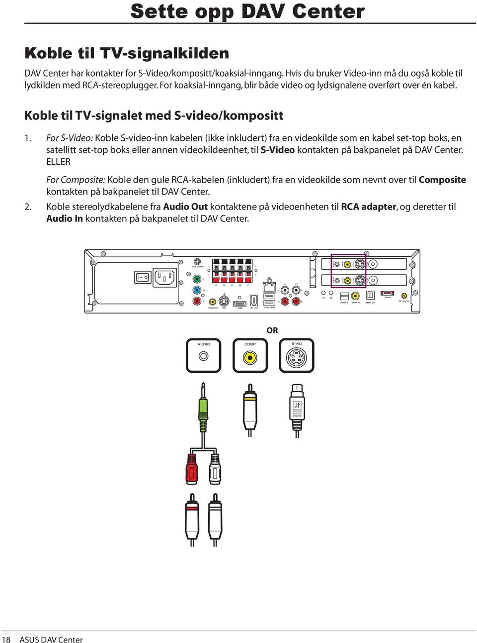 For S-Video: Koble S-video-inn kabelen (ikke inkludert) fra en videokilde som en kabel set-top boks, en satellitt set-top boks eller annen videokildeenhet, til S-Video kontakten på bakpanelet på DAV