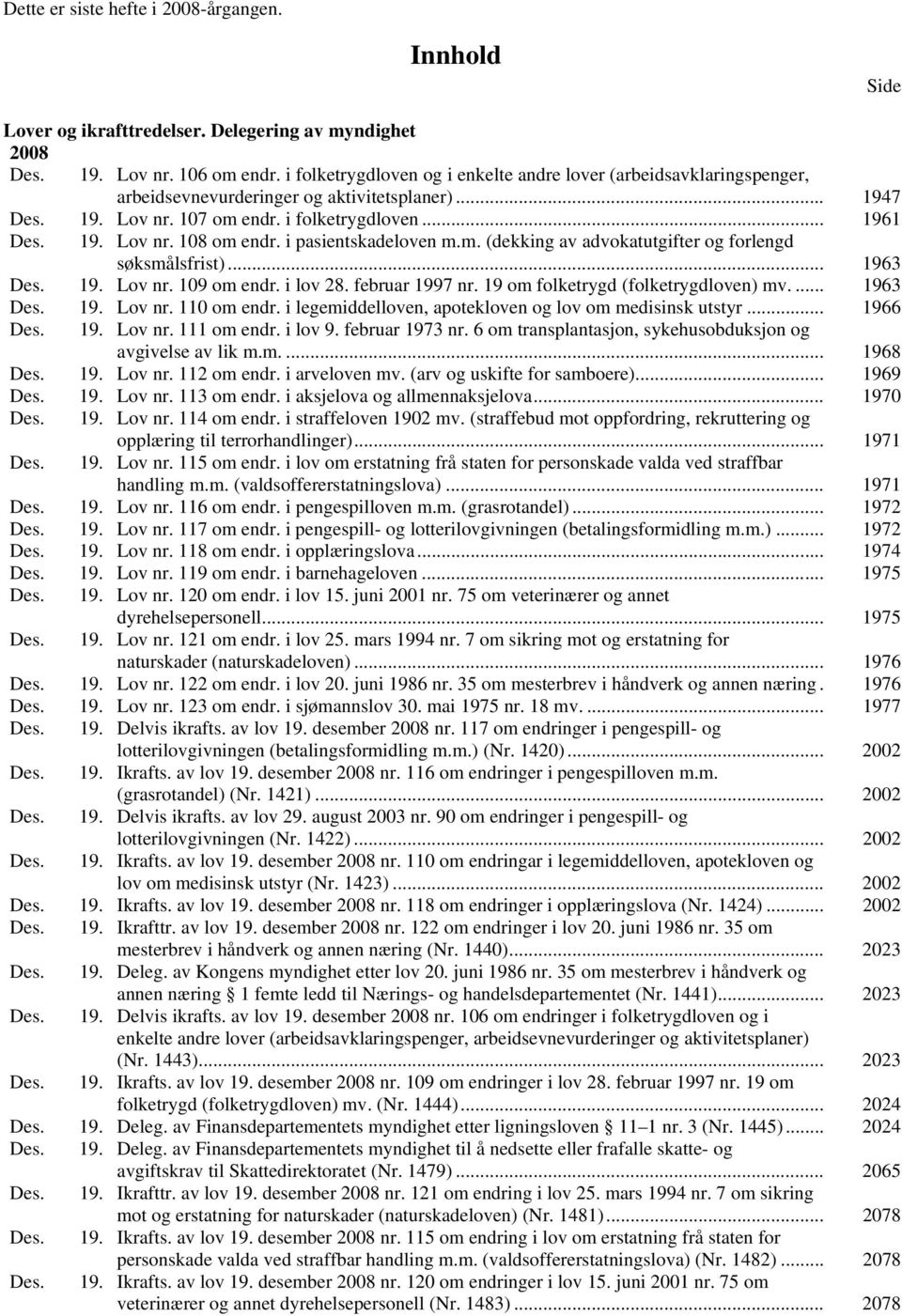i pasientskadeloven m.m. (dekking av advokatutgifter og forlengd søksmålsfrist)... 1963 Des. 19. Lov nr. 109 om endr. i lov 28. februar 1997 nr. 19 om folketrygd (folketrygdloven) mv.... 1963 Des. 19. Lov nr. 110 om endr.