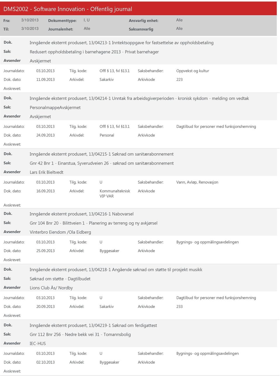 2013 Inngående eksternt produsert, 13/04215-1 Søknad om sanitærabonnement Gnr 42 Bnr 1 - Einarstua, Syverudveien 26 - søknad om sanitærabonnement Lars Erik Bieltvedt Vann, Avløp, Renovasjon dato: 16.