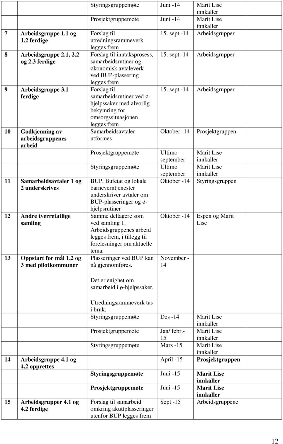 Marit Lise Prosjektgruppemøte Juni -14 Marit Lise Forslag til 15. sept.-14 Arbeidsgrupper utredningsrammeverk legges frem Forslag til inntaksprosess, 15. sept.-14 Arbeidsgrupper samarbeidsrutiner og økonomisk avtaleverk ved BUP-plassering legges frem Forslag til 15.