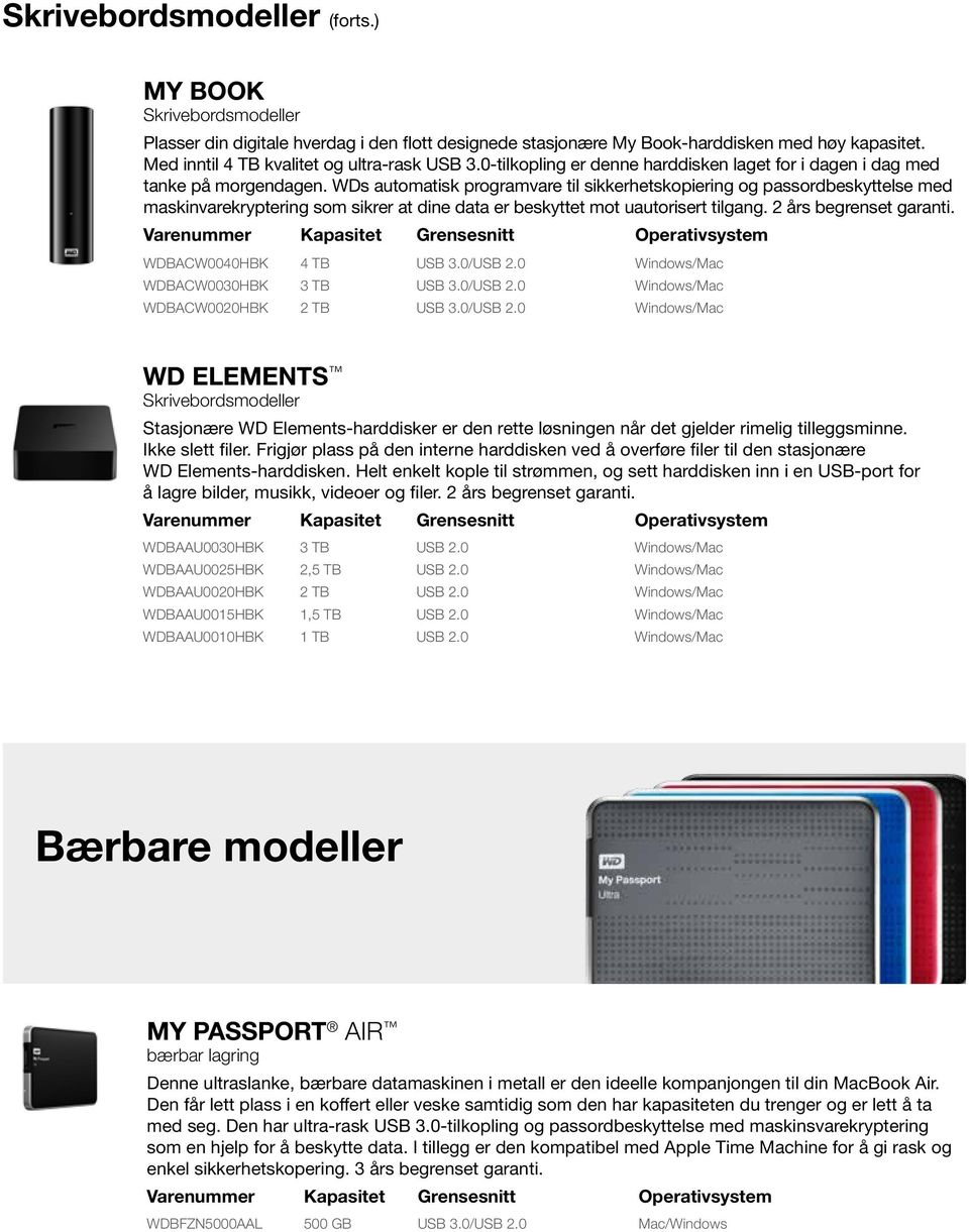 WDs automatisk programvare til sikkerhetskopiering og passordbeskyttelse med maskinvarekryptering som sikrer at dine data er beskyttet mot uautorisert tilgang. 2 års begrenset garanti.