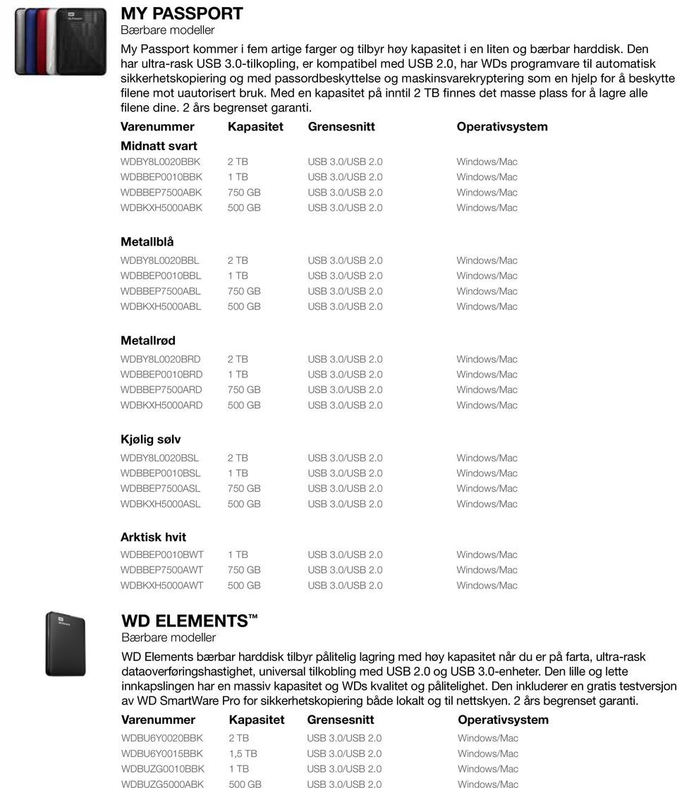 Med en kapasitet på inntil 2 TB finnes det masse plass for å lagre alle filene dine. 2 års begrenset garanti. Midnatt svart WDBY8L0020BBK 2 TB USB 3.0/USB 2.0 Windows/Mac WDBBEP0010BBK 1 TB USB 3.