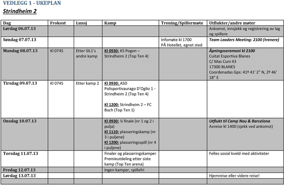 07.13 Kl 0745 Etter kamp 2 Kl 0930: ASD Polisportivaurago D Oglio 1 - Strindheim 2 (Top Ten 4) Kl 1200: Strindheim 2 FC Buch (Top Ten 1) Onsdag 10.07.13 Kl 0930: ¼ finale (nr 1 og 2 i pulja) Kl 1110: plasseringskamp (nr 3 i puljene) Kl 1200: plasseringsspill (nr 4 i puljene) Torsdag 11.