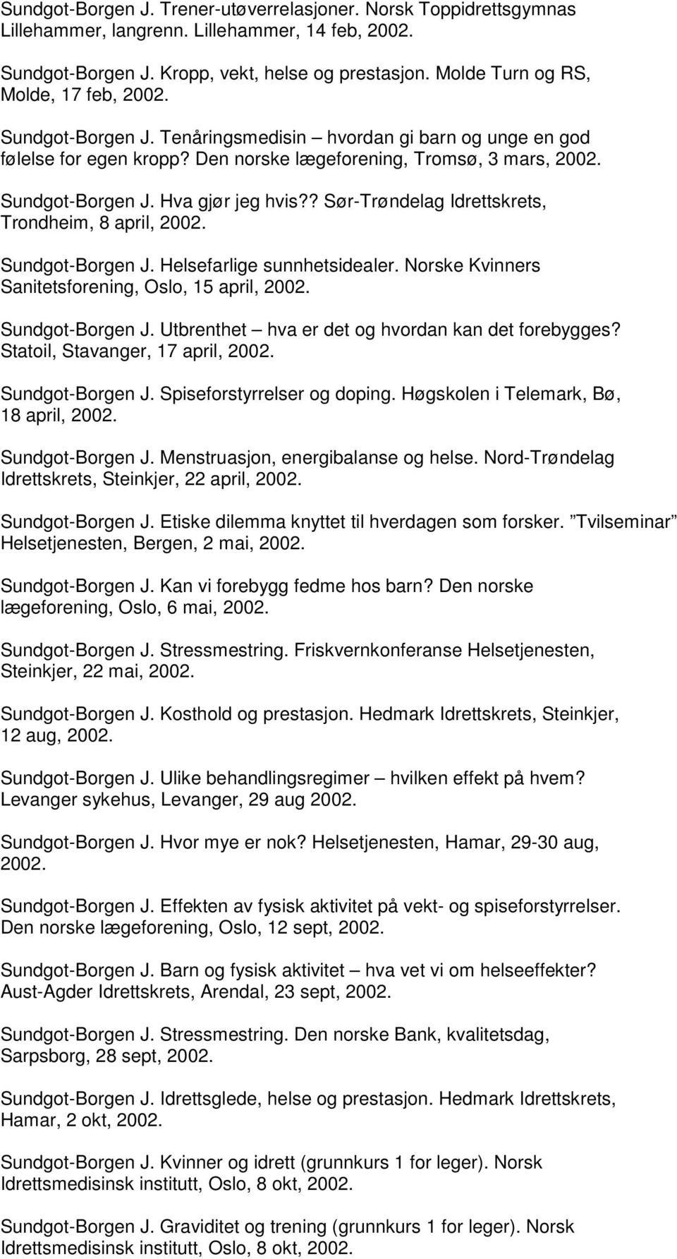 ? Sør-Trøndelag Idrettskrets, Trondheim, 8 april, 2002. Sundgot-Borgen J. Helsefarlige sunnhetsidealer. Norske Kvinners Sanitetsforening, Oslo, 15 april, 2002. Sundgot-Borgen J. Utbrenthet hva er det og hvordan kan det forebygges?