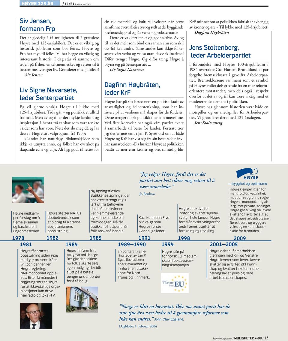 Gratulerer med jubileet! Siv Jensen Liv Signe Navarsete, leder Senterpartiet Eg vil gjerne ynskja Høgre til lukke med 125-årsjubileet. Tida går og politikk er alltid framtid.