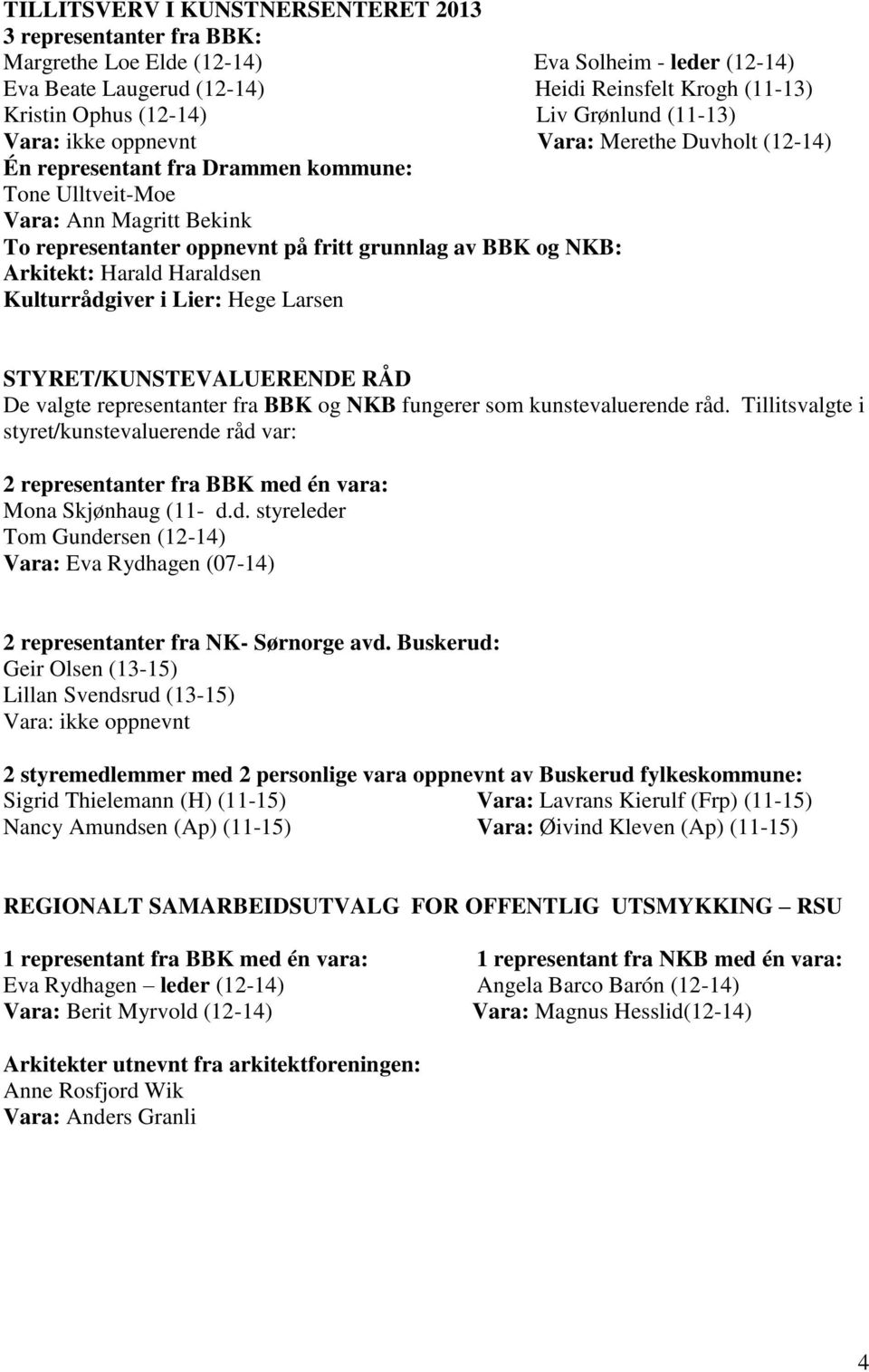 og NKB: Arkitekt: Harald Haraldsen Kulturrådgiver i Lier: Hege Larsen STYRET/KUNSTEVALUERENDE RÅD De valgte representanter fra BBK og NKB fungerer som kunstevaluerende råd.