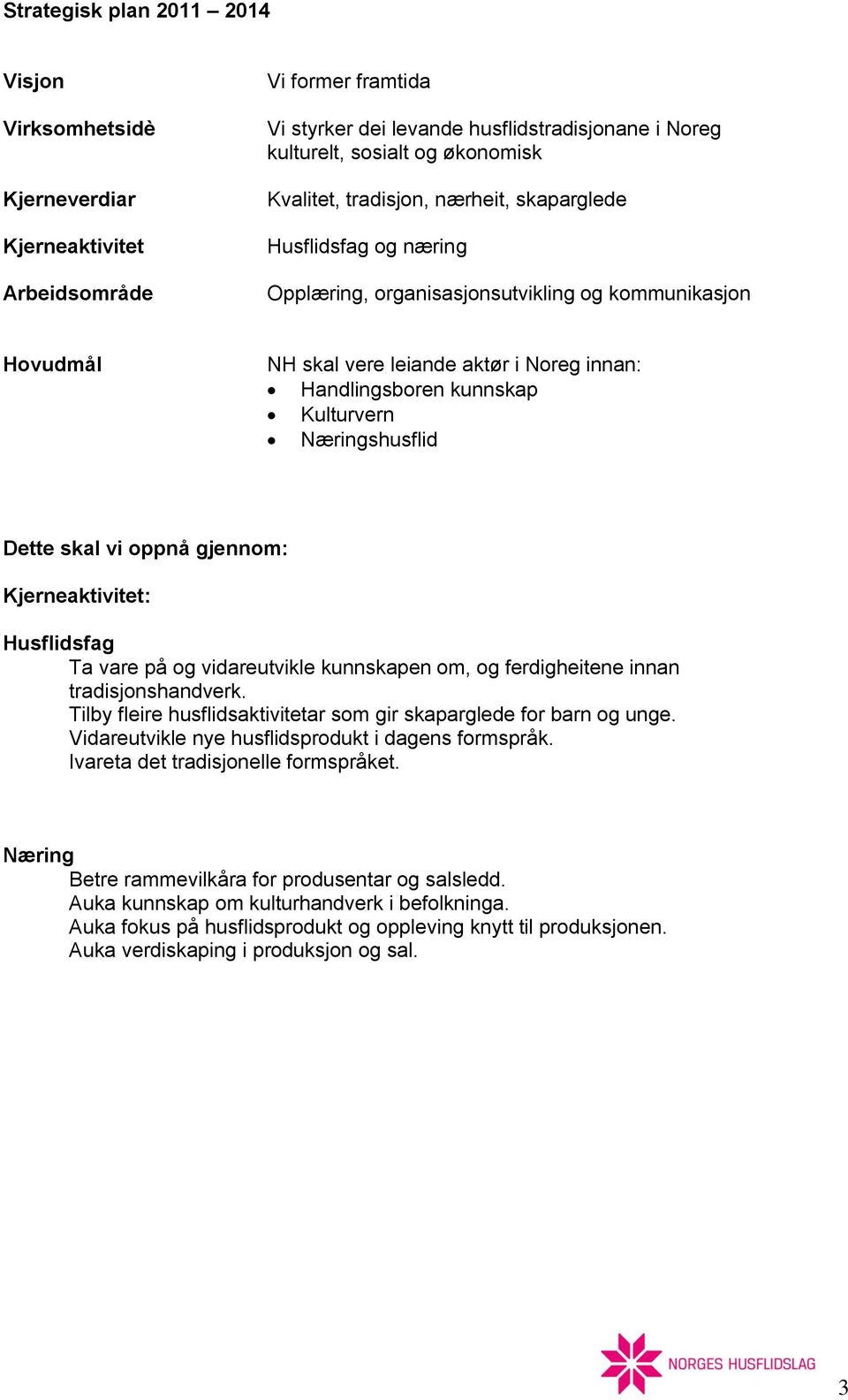 Dette skal vi oppnå gjennom: Kjerneaktivitet: Husflidsfag Ta vare på og vidareutvikle kunnskapen om, og ferdigheitene innan tradisjonshandverk.