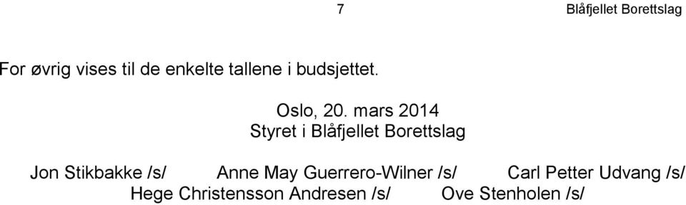 mars 2014 Styret i Blåfjellet Borettslag Jon Stikbakke /s/